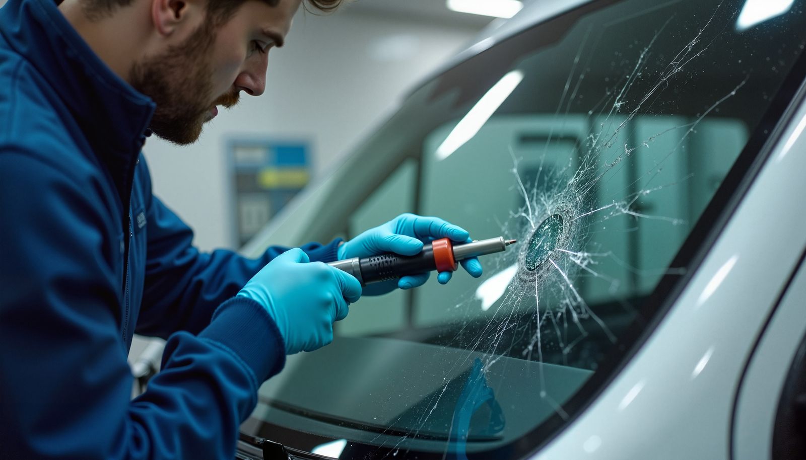 Mobile auto glass technician repairing a windshield chip on location in Maryland