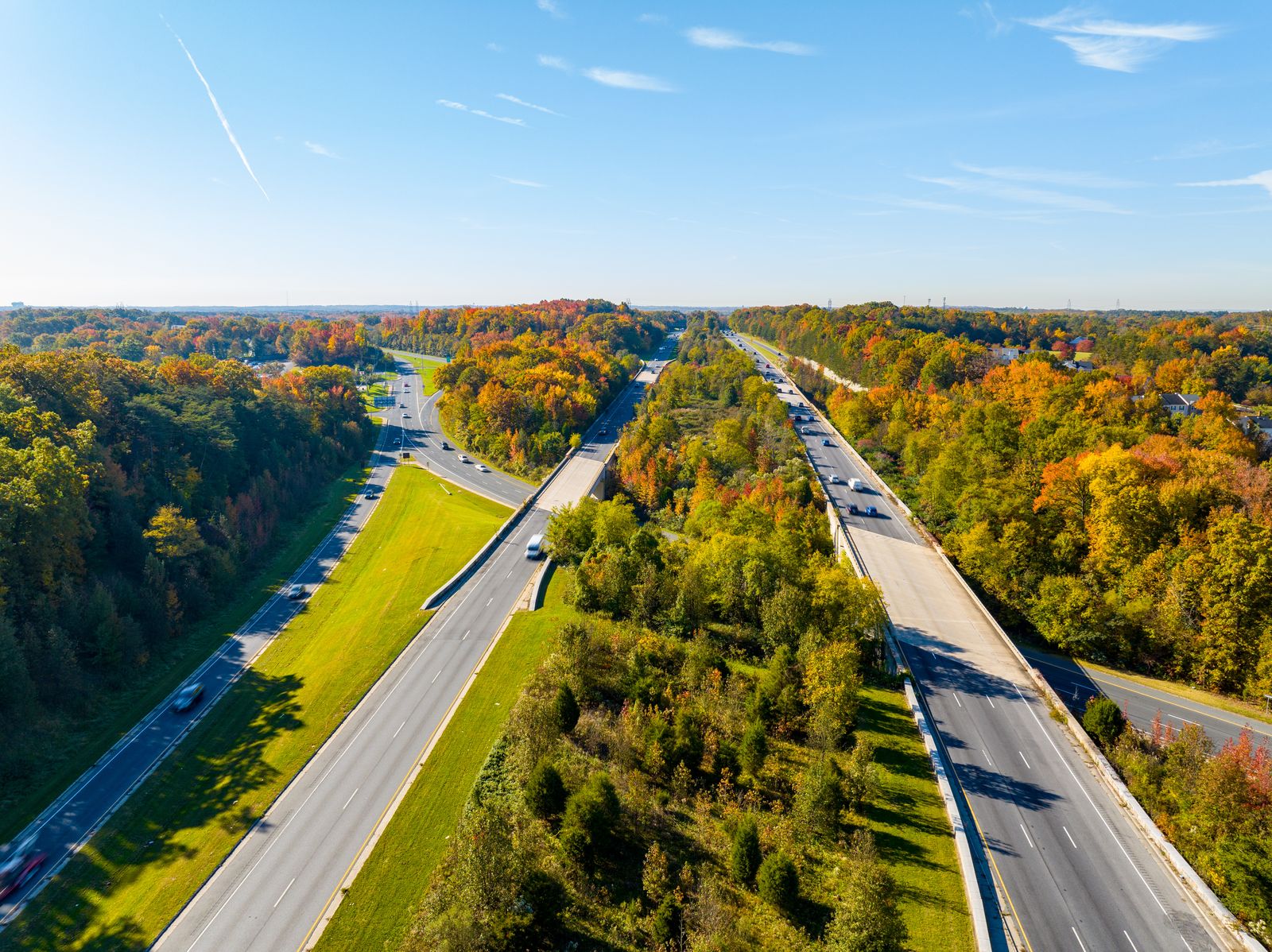 Aerial view of the wooded Route 216 highway corridor near North Laurel, MD
